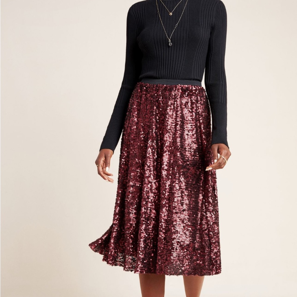 Anthropologie Maeve Wine Sequined Midi Skirt, size medium, worn once!